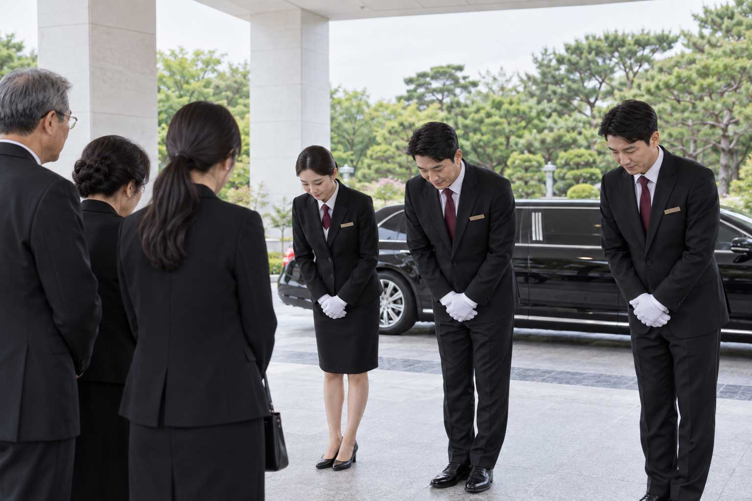 밝은 야외에서 의전 차량 옆에 정중히 인사하는 전문인력의 AI 제작 이미지