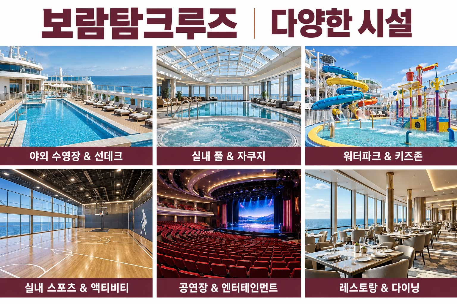 보람탐크루즈의 다양한 시설: 야외 수영장 & 선데크, 실내 풀 & 자쿠지, 워터파크 & 키즈존, 실내 스포츠 & 액티비티, 공연장 & 엔터테인먼트, 레스토랑 & 다이닝.