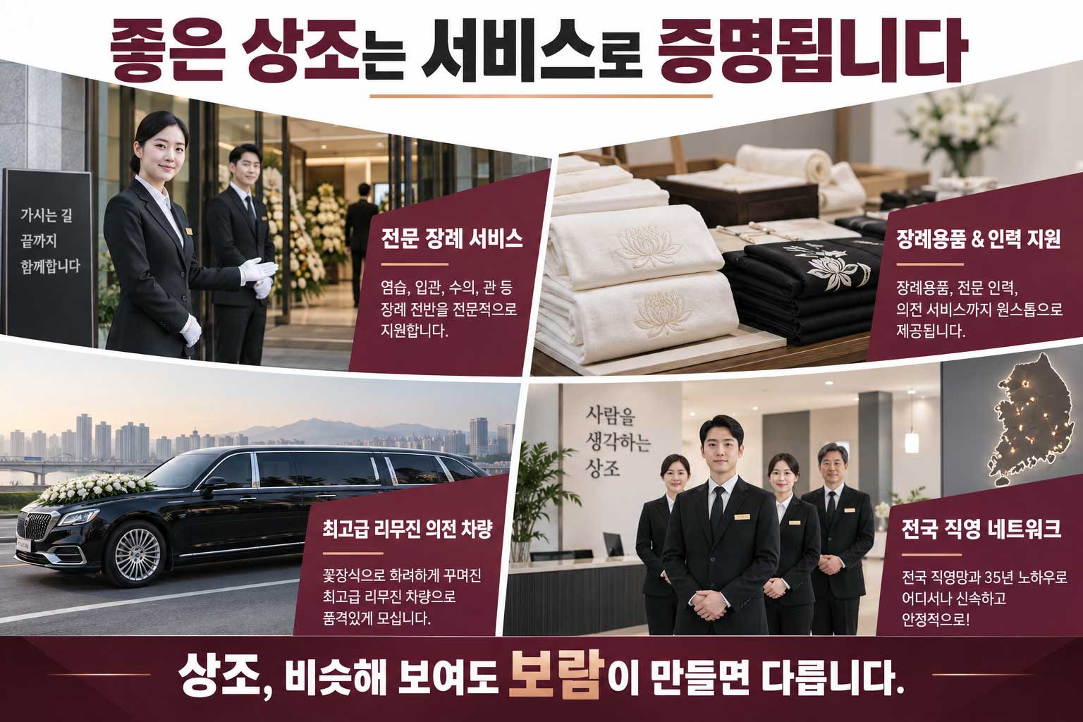 좋은 상조는 서비스로 증명됩니다. 전문 장례 서비스: 염습, 입관, 수의, 관 등 장례 전반을 전문적으로 지원합니다. 장례용품 & 인력 지원: 장례용품, 전문 인력, 의전 서비스까지 원스톱으로 제공됩니다. 최고급 리무진 의전 차량: 꽃장식으로 화려하게 꾸며진 최고급 리무진 차량으로 품격있게 모십니다. 전국 직영 네트워크: 전국 직영망과 35년 노하우로 어디서나 신속하고 안정적으로!
